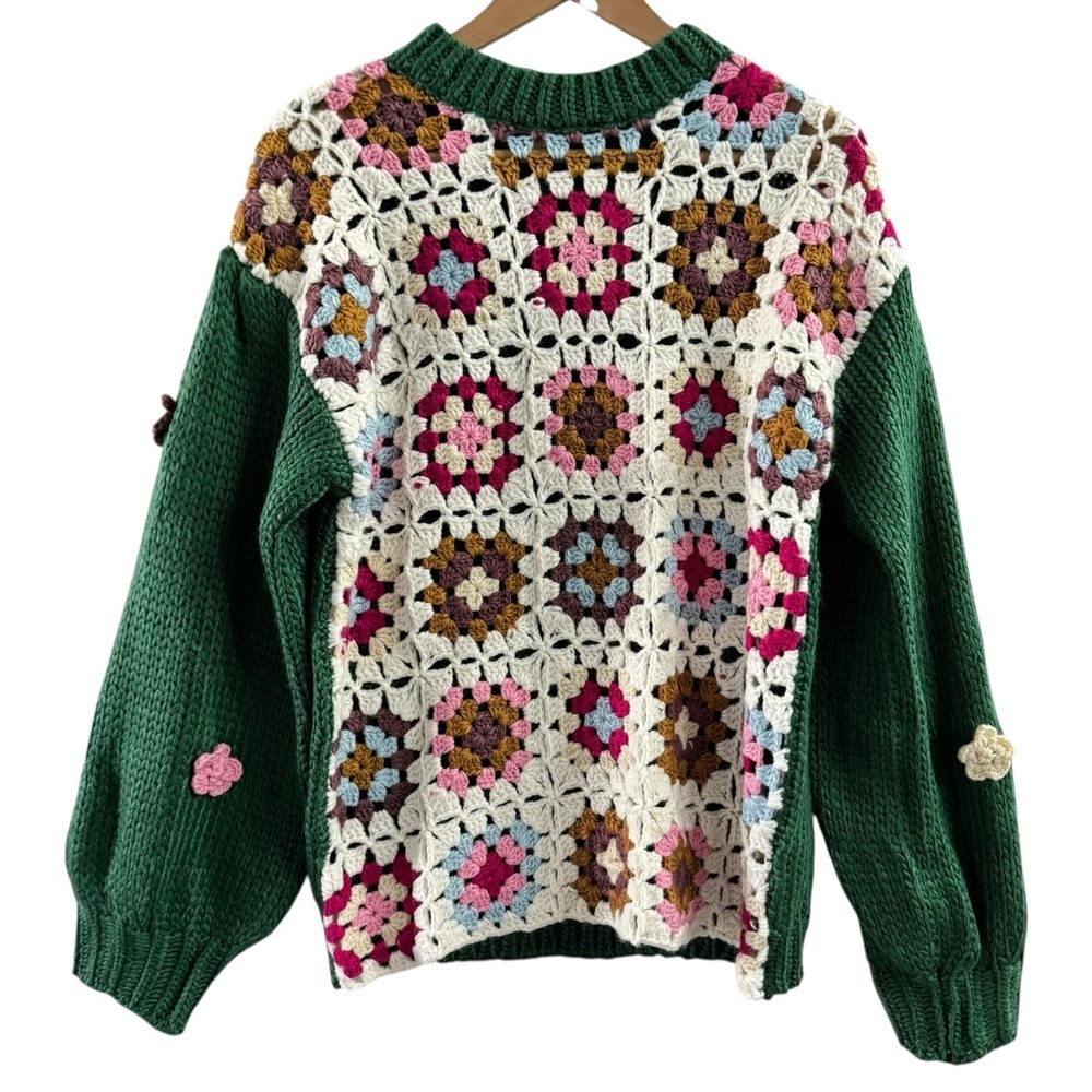 Listicle Granny Square Crochet Cardigan Sweater Green Multicolor Size M - Picture 2 of 11